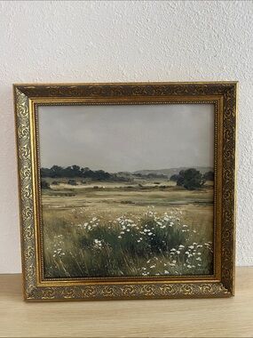 Gold Ornate Framed Landscape with Flowers